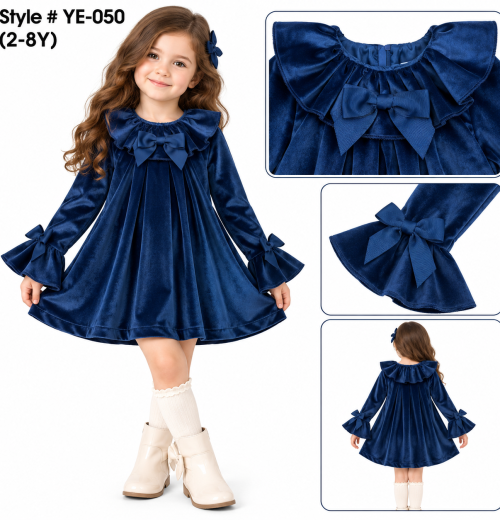 Girls Ruffle Bow Velvet Dress (2-8y)