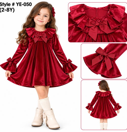 Girls Ruffle Bow Velvet Dress (2-8y)