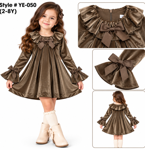 Girls Ruffle Bow Velvet Dress (2-8y)