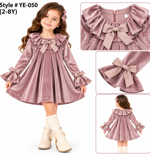 Girls Ruffle Bow Velvet Dress (2-8y)