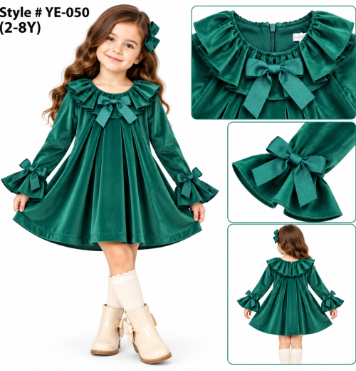 Girls Ruffle Bow Velvet Dress (2-8y)