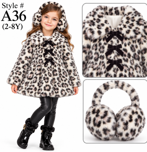 Girls 2pc Leopard Fur Coat & Earmuffs Set (2-8y)