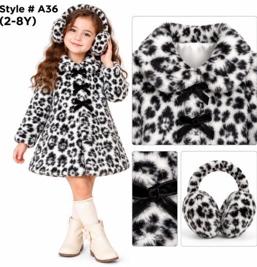 Girls 2pc Leopard Fur Coat & Earmuffs Set (2-8y)