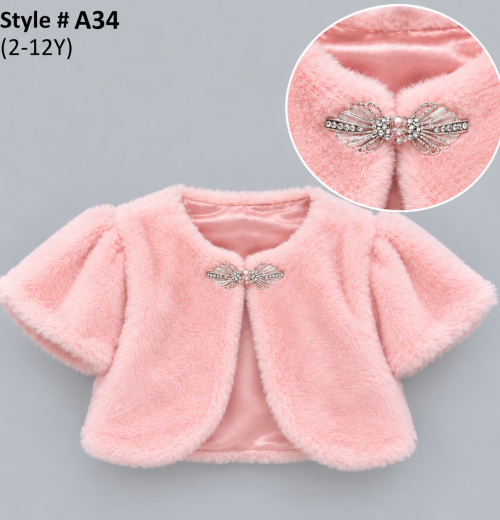 Girls Short Sleeve Broach Fur Shrug (2-12y)