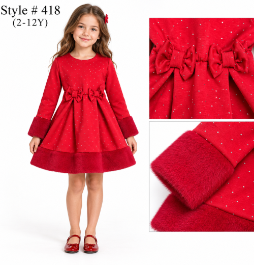Girls Double Bow Fur Trim Diamante Dress (2-12y)