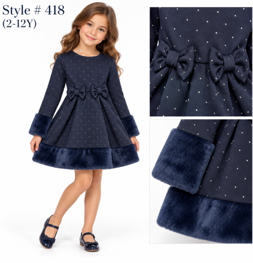Girls Double Bow Fur Trim Diamante Dress (2-12y)