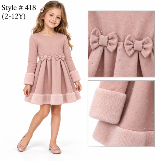 Girls Double Bow Fur Trim Diamante Dress (2-12y)