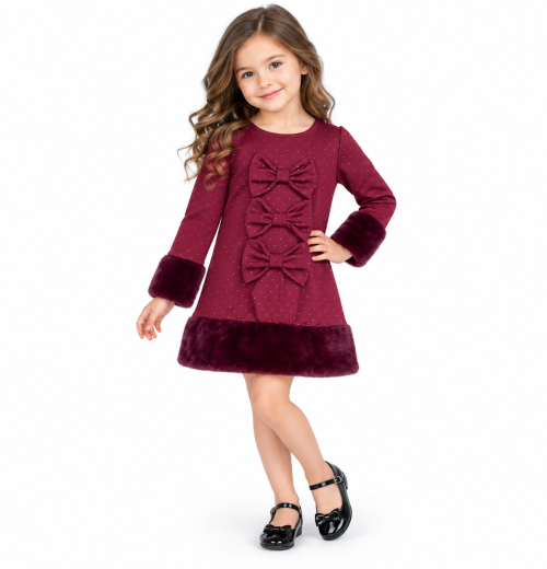 Girls Diamante Triple Bow Fur Trim Dress (2-8y)