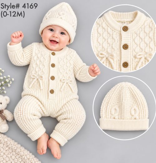 Baby 2pc Cable Knitted Romper & Hat Set (0-12m)