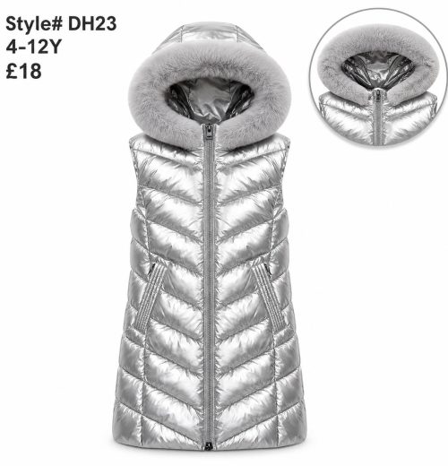 Girls Long Fur Trim Padded Metallic Gilet (4-12y)