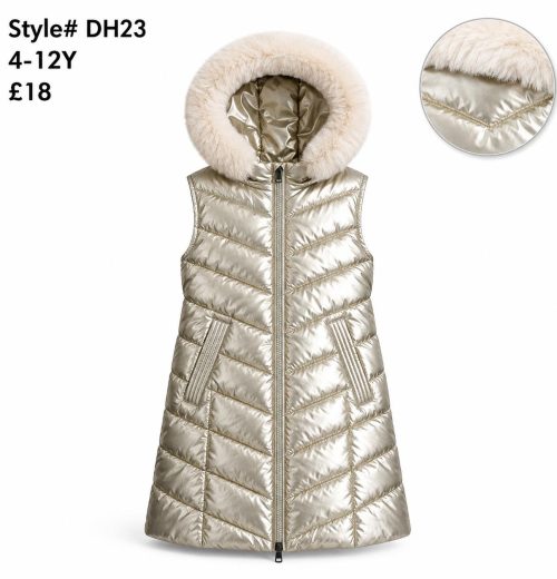 Girls Long Fur Trim Padded Metallic Gilet (4-12y)