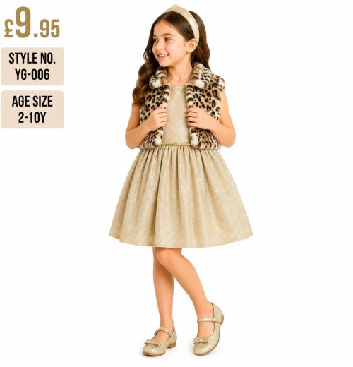 Girls 2pc Glitter Dress & Leopard Fur Shrug Set (2-10y)