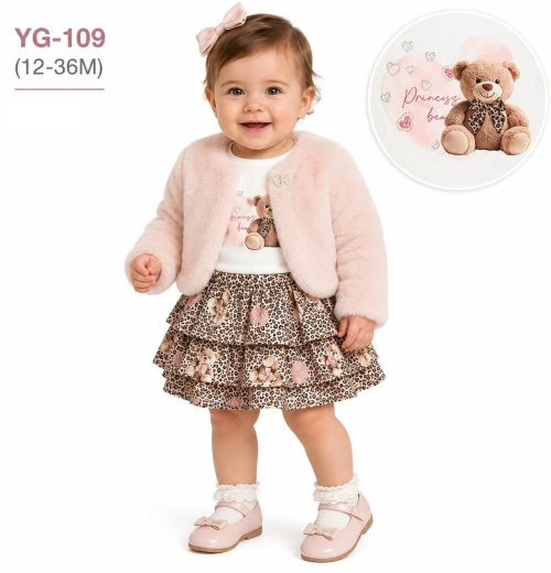 Baby Girls 2pc Layered Leopard Teddy Dress & Fur Shrug Set (12-36m)