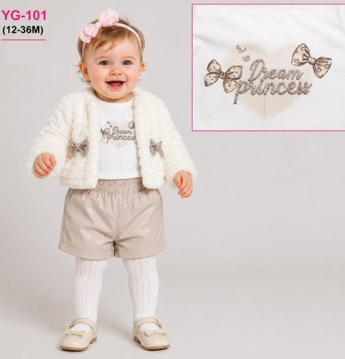 Baby Girls 3pc Fur Jacket, Princess Top & Shorts Set (12-36m)