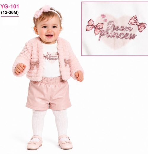 Baby Girls 3pc Fur Jacket, Princess Top & Shorts Set (12-36m)