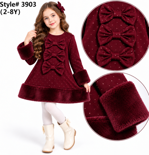 Girls Diamante Triple Bow Fur Trim Dress (2-8y)